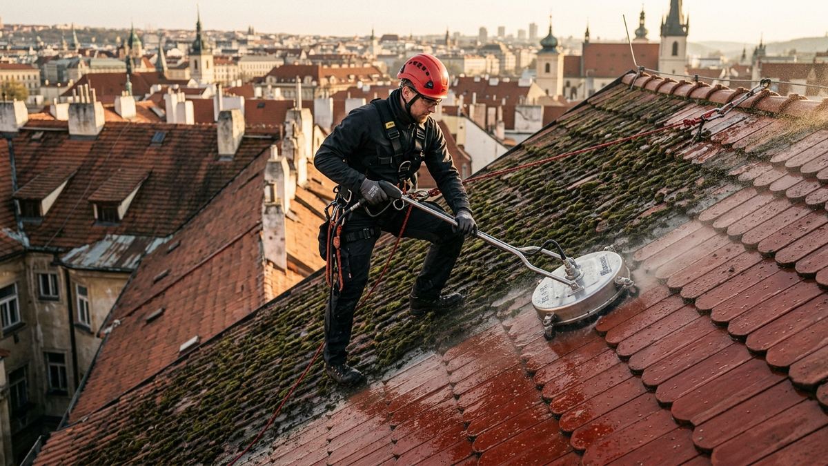 Výškový specialista provádějící vysokotlaké čištění střechy wapkou v Praze s rotačním krytem a lanovým jištěním